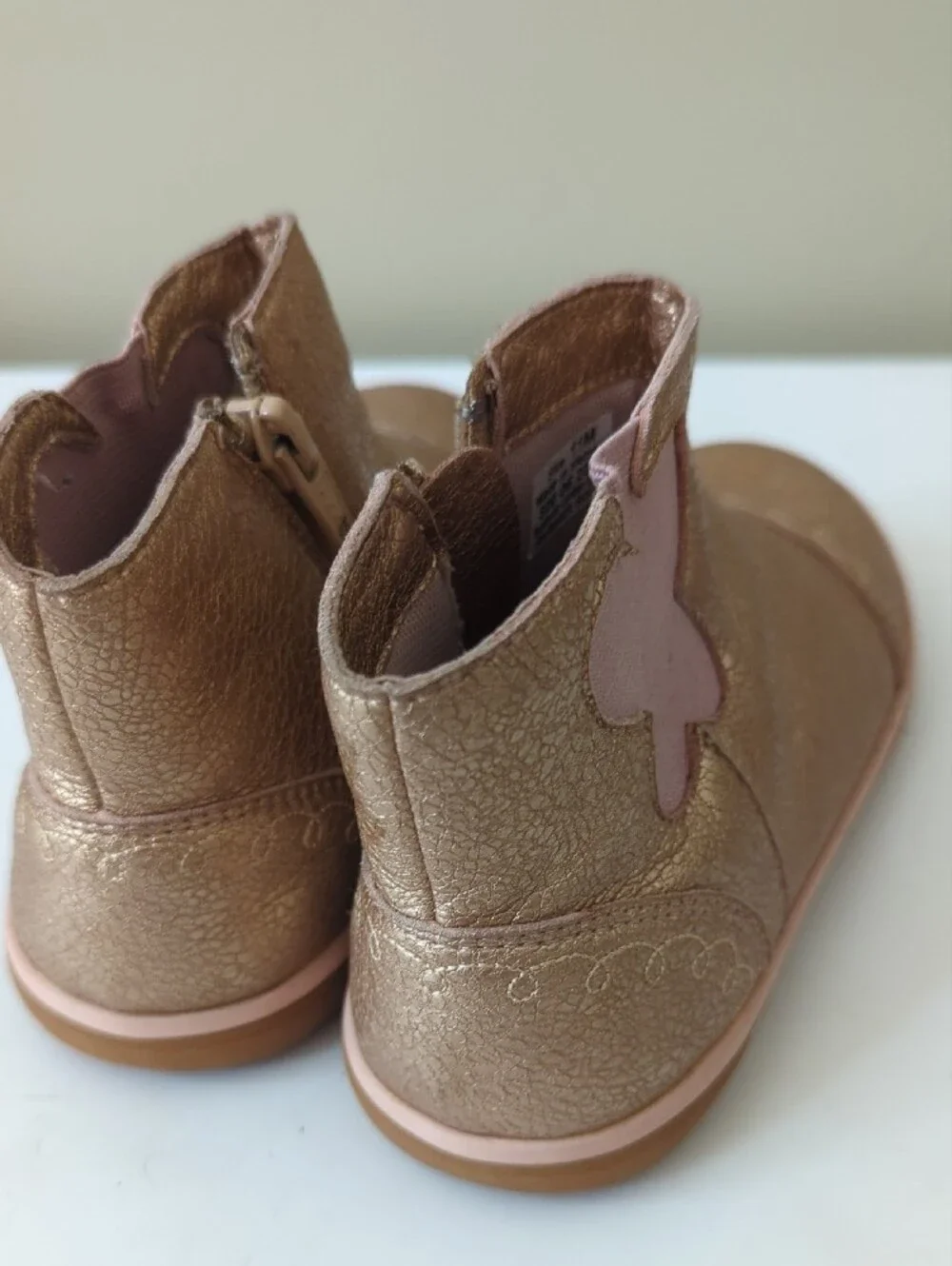 Livie & Luca Metallic Rose Gold Boots with Pink Butterfly